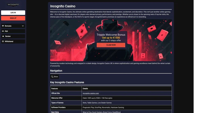 Incognito Casino Customer Support Interface